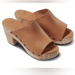 Beek Anthropologie Peacock Clog Mules Wood Platform Heels in Honey